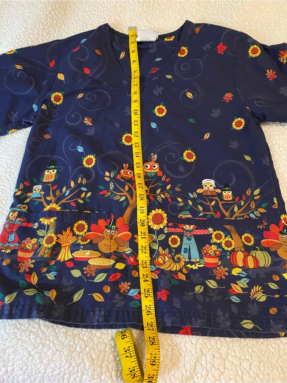 UA Scrubs Navy Top with Autumn Floral and Pumpkin Motif size small - Picture 7 of 9